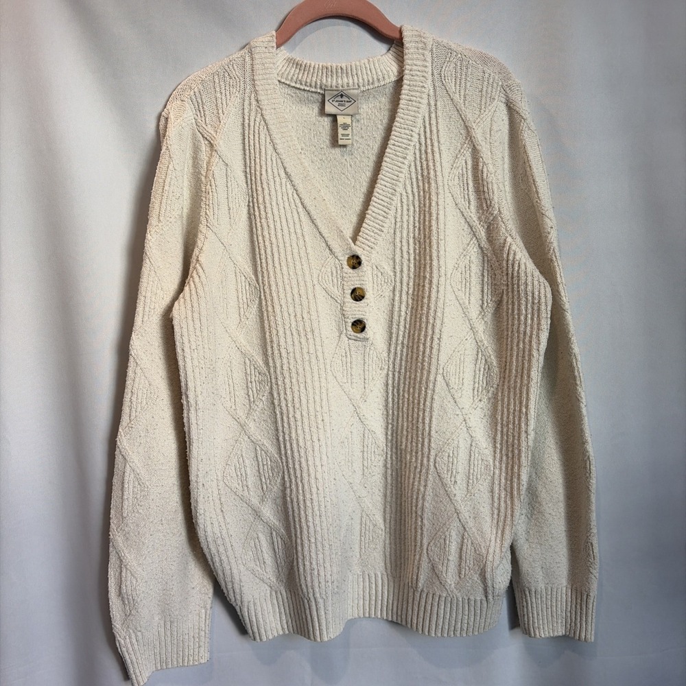 St Johns Bay Womens Large Cream V-Neck Cable Knit Sweater Preppy Hiking Cozy
